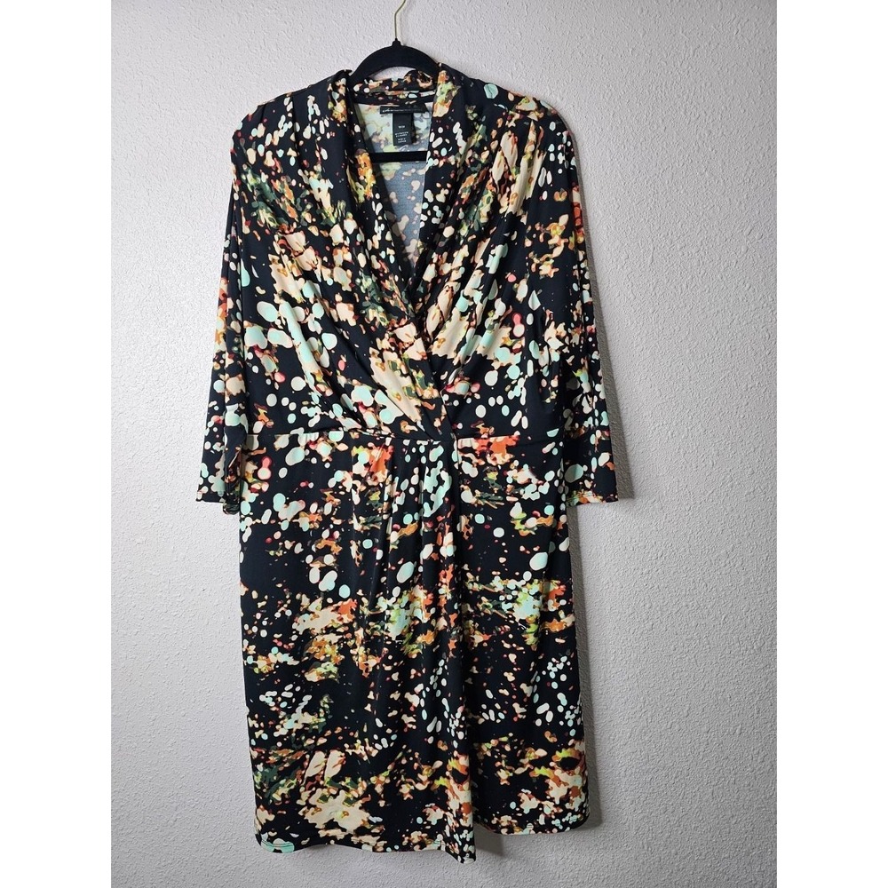 Lane Bryant Faux Wrap Dress 18/20 Black Abstract Splatter Polka Dot 3/4 Sleeve
